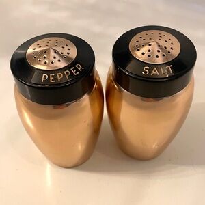 Vintage Aluminum Copper Finish Salt & Pepper Shakers Black Lids Lettering NICE